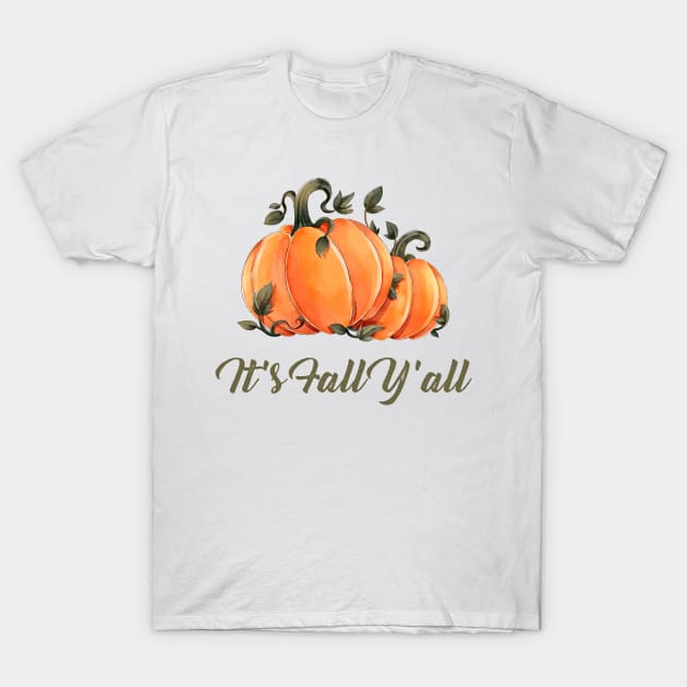 It's Fall Y'all Watercolor Pumpkin T-Shirt by LittleMissy